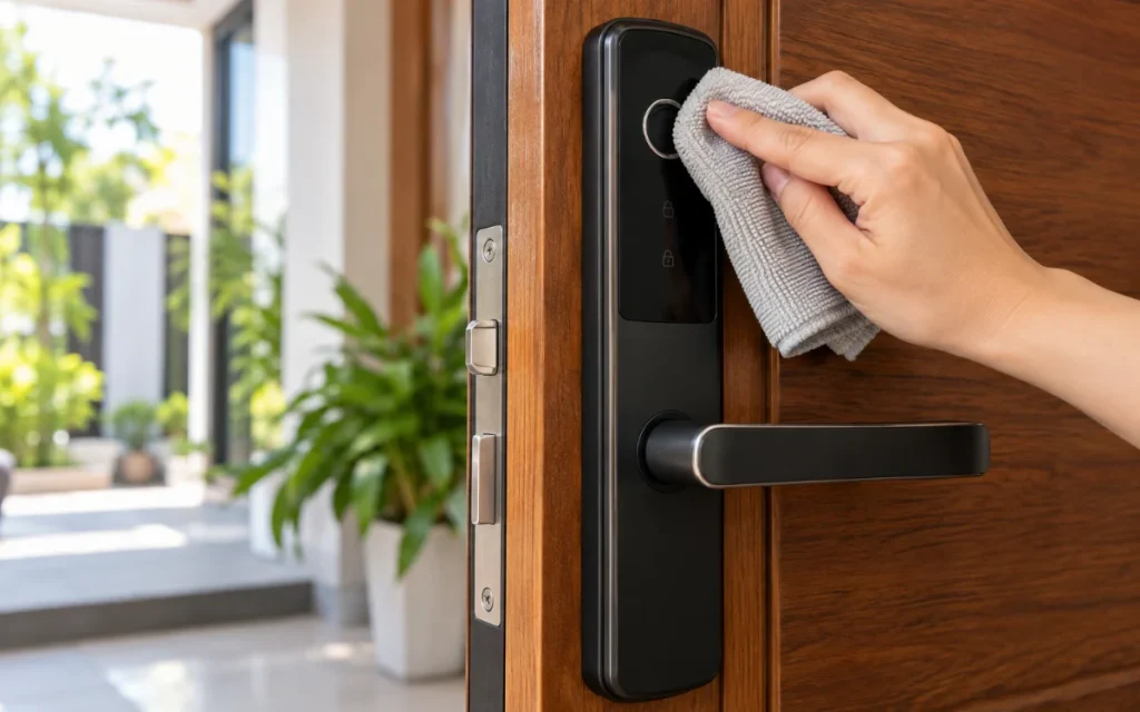 Vệ sinh cảm biến vân tay khoá cửa thông minh bằng khăn mềm